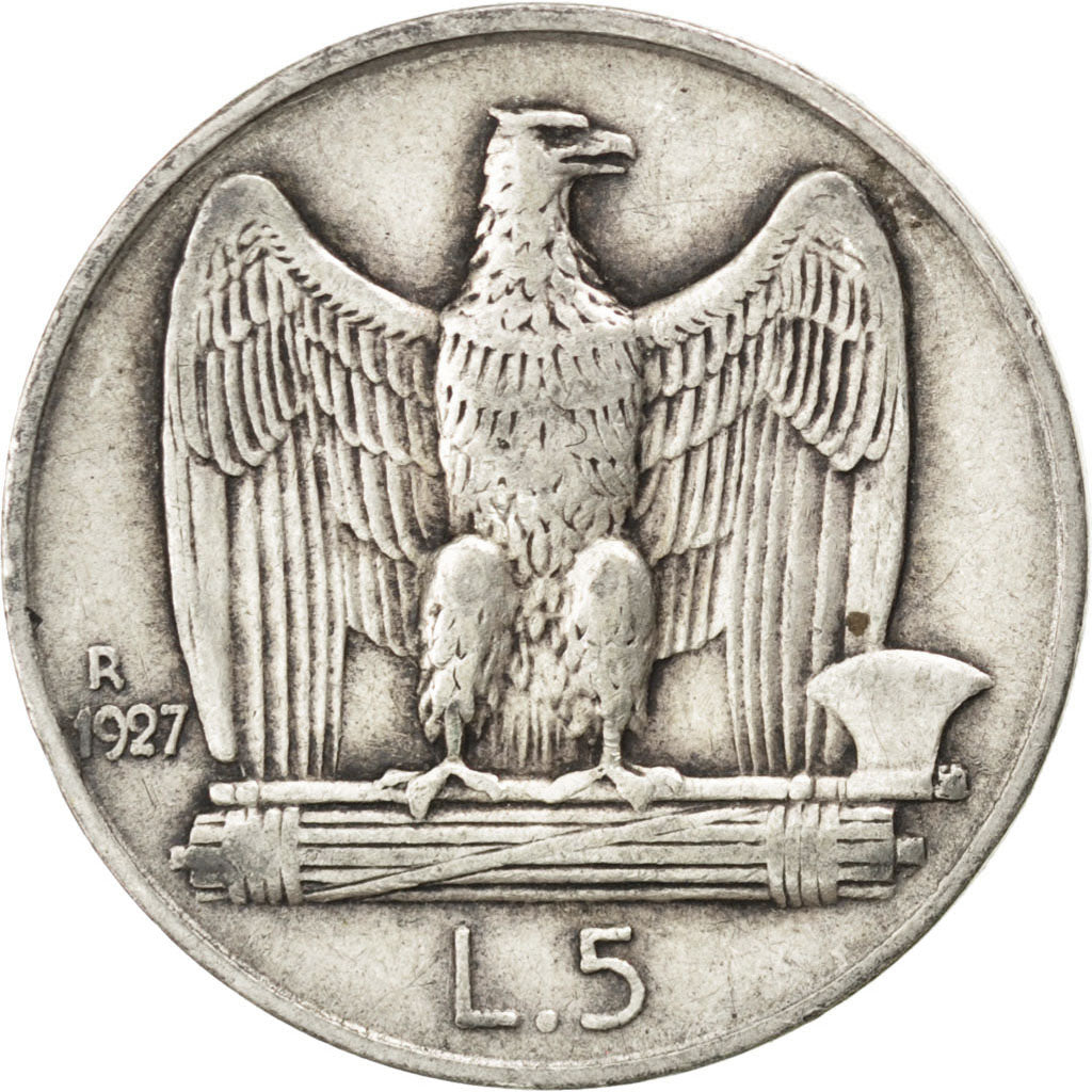 ITALY, 5 Lire, 1927, Rome, KM #67.2, EF(40-45), Silver, 23, 4.97