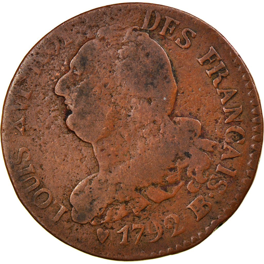 Moeda, França, 6 deniers français, 6 Deniers, 1792, Strasbourg, F(12-15)