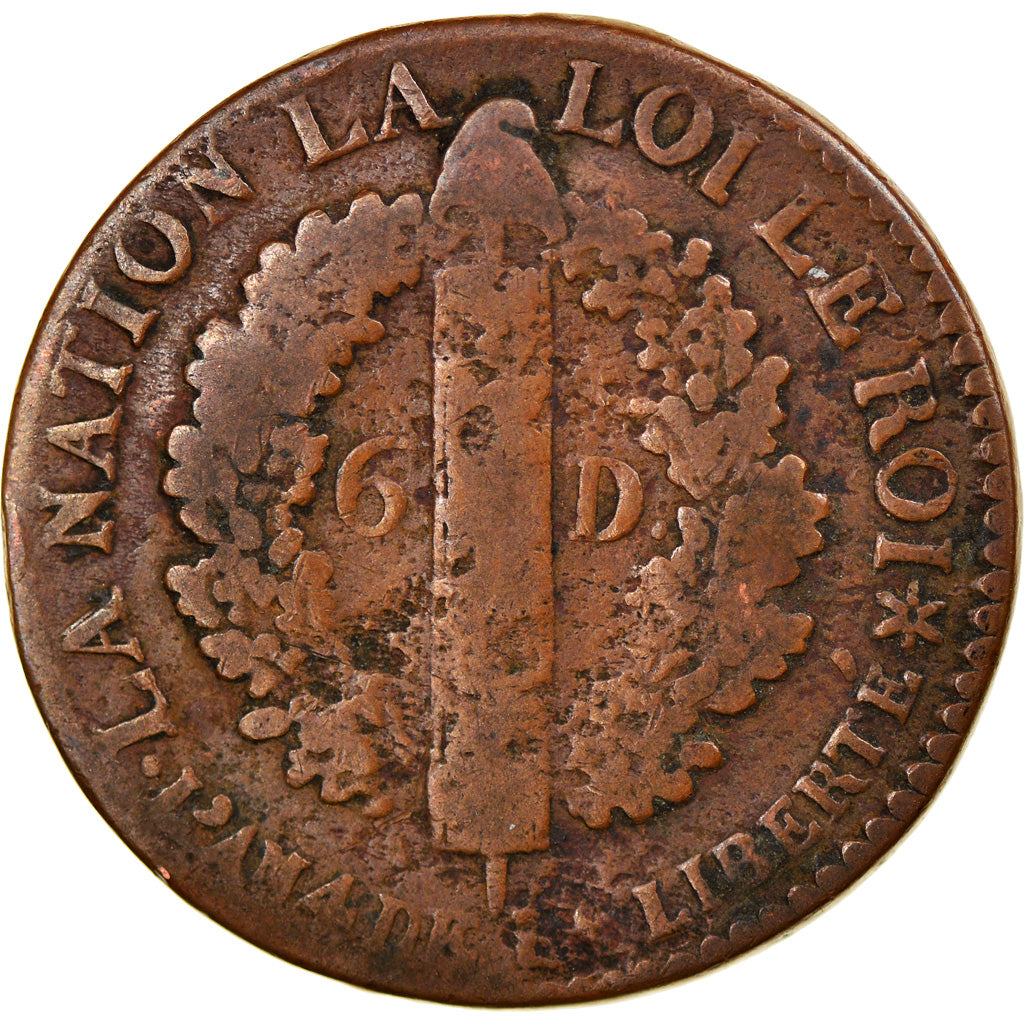 Moeda, França, 6 deniers français, 6 Deniers, 1792, Strasbourg, F(12-15)