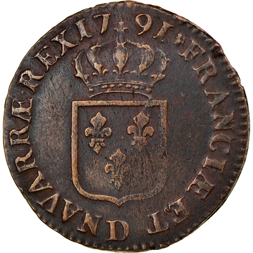 Coin, France, Louis XVI, Sol à l'Ecu, 1791, Lyon, EF(40-45), Copper