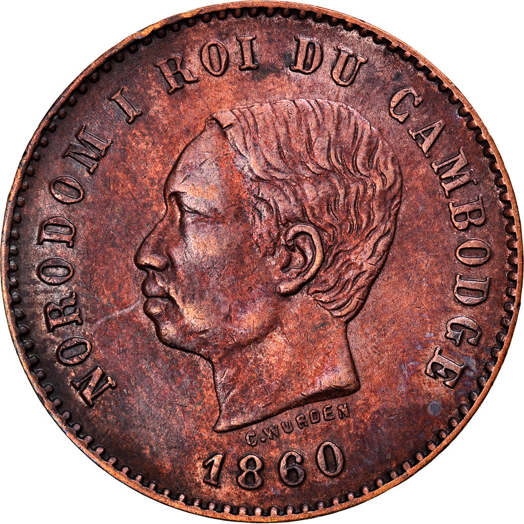 Coin, Cambodia, Norodom I, 5 Centimes, 1860, Brussels, AU(50-53), Bronze, KM:M2