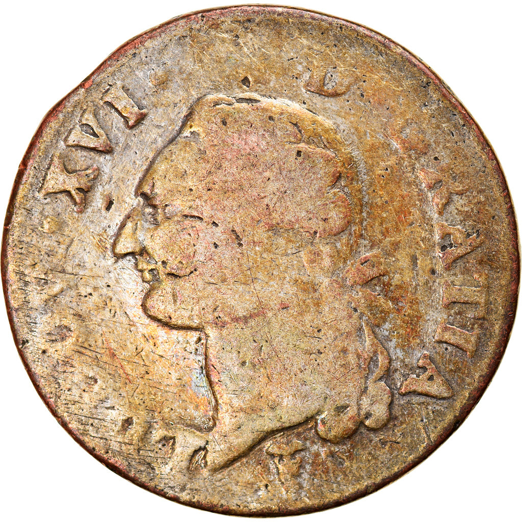 Moeda, França, Louis XVI, Sol ou sou, Sol, 1790, Bordeaux, VG(8-10), Cobre
