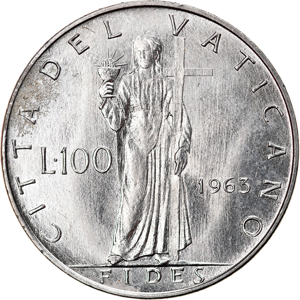 Moeda, CIDADE DO VATICANO, Paul VI, 100 Lire, 1963, AU(55-58), Aço Inoxidável