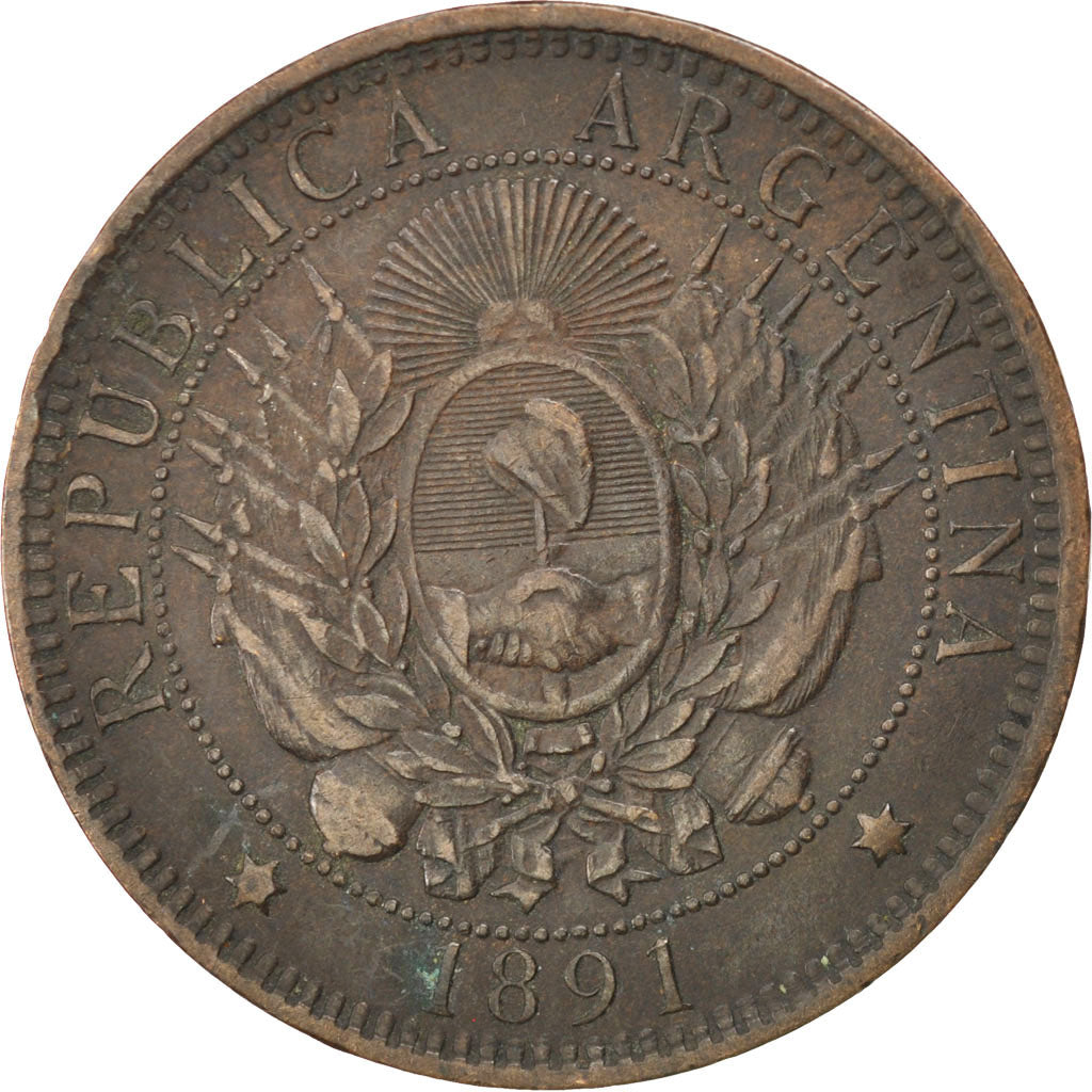ARGENTINA, 2 Centavos, 1891, KM #33, EF(40-45), Bronze, 30, 9.79