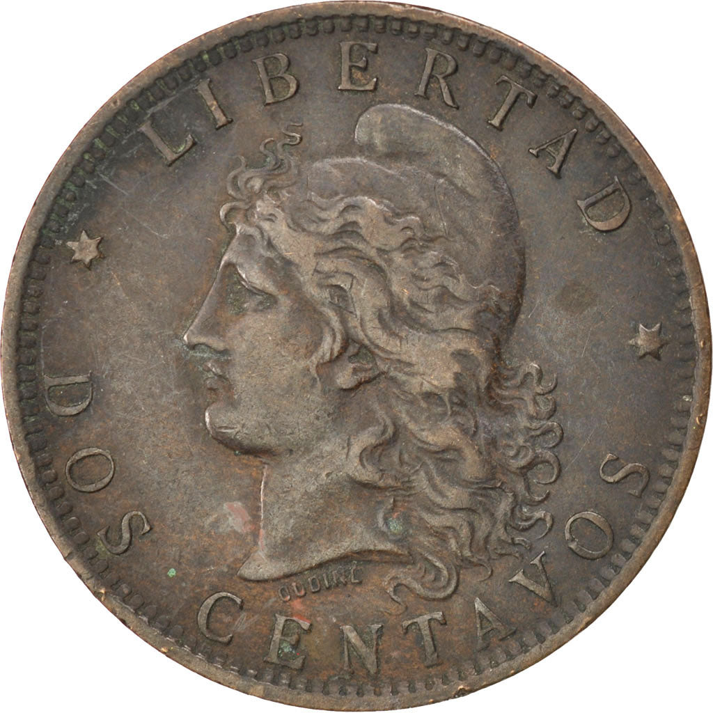 ARGENTINA, 2 Centavos, 1891, KM #33, EF(40-45), Bronze, 30, 9.79