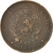 ARGENTINA, 2 Centavos, 1892, KM #33, EF(40-45), Bronze, 30, 10.11