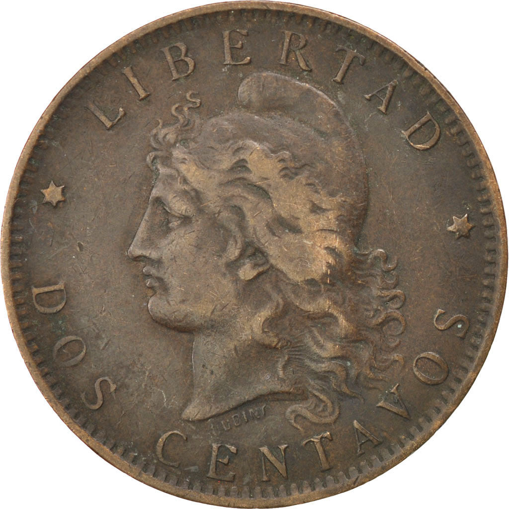 ARGENTINA, 2 Centavos, 1892, KM #33, EF(40-45), Bronze, 30, 10.11
