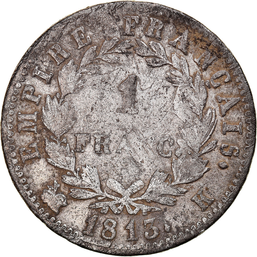 Moneda, Francia, Napoléon I, Franc, 1813, Bordeaux, BC+, Plata, KM:692.8, Le
