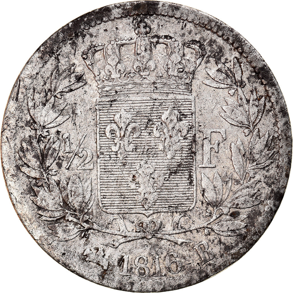Munten, Frankrijk, Louis XVIII, Louis XVIII, 1/2 Franc, 1816, Rouen, FR, Zilver