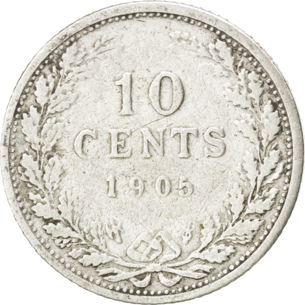 NETHERLANDS, 10 Cents, 1905, KM #136, VF(20-25), Silver, 15, 1.36