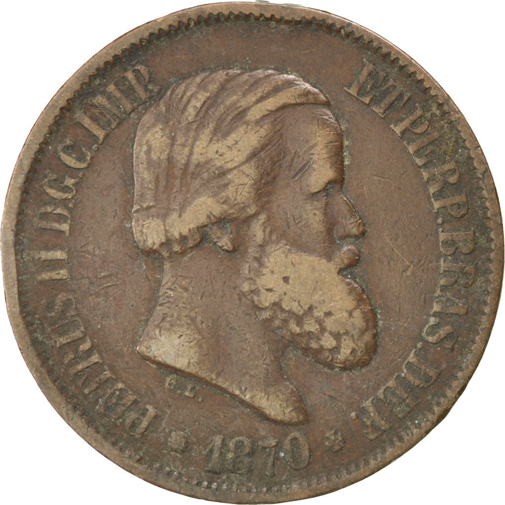 BRAZIL, 20 Reis, 1870, KM #474, VF(20-25), Bronze, 25.39, 6.85