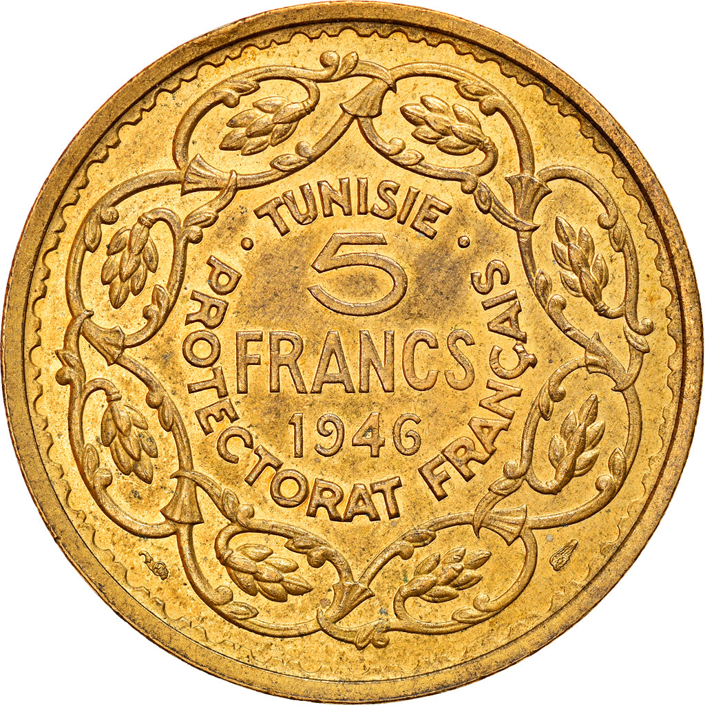 Coin, Tunisia, Muhammad al-Amin Bey, 5 Francs, 1946, Paris, ESSAI, EF(40-45)