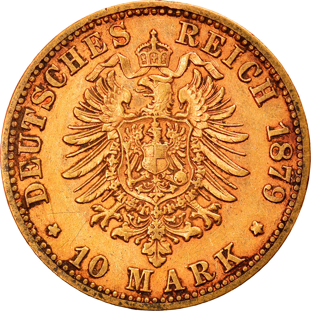 Coin, German States, PRUSSIA, Wilhelm I, 10 Mark, 1879, Cleves, EF(40-45), Gold