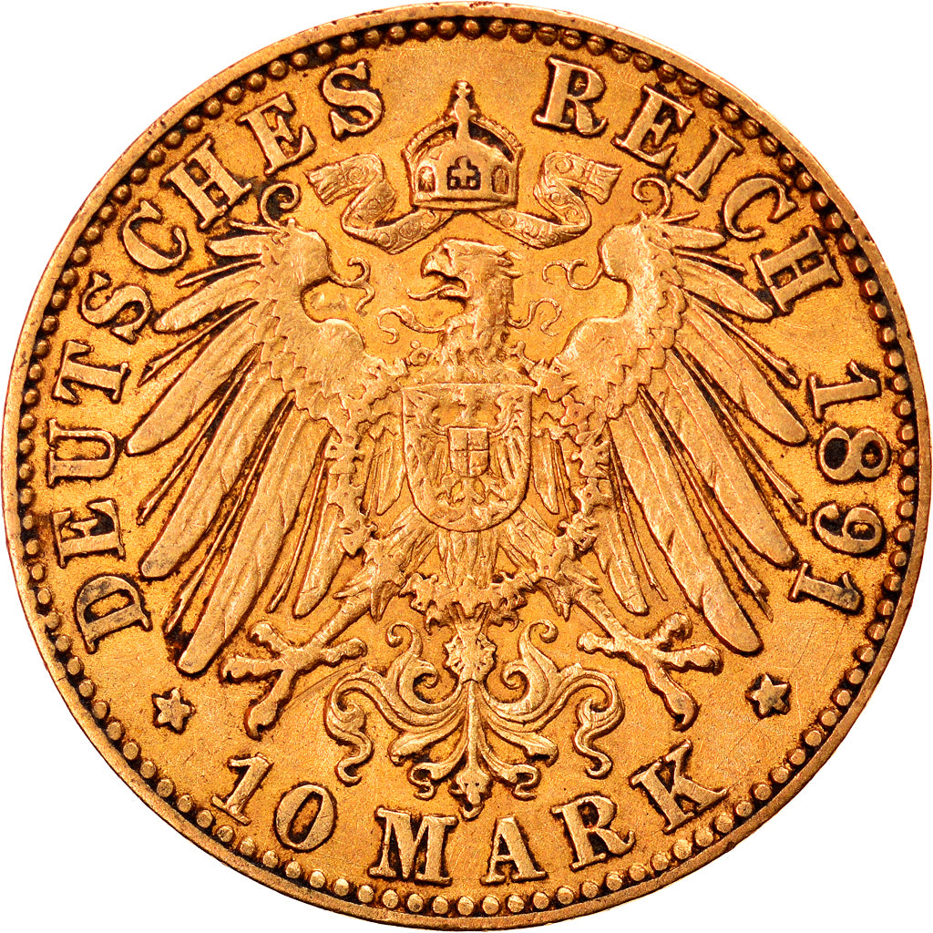 Coin, German States, BADEN, Friedrich I, 10 Mark, 1891, Stuttgart, AU(50-53)