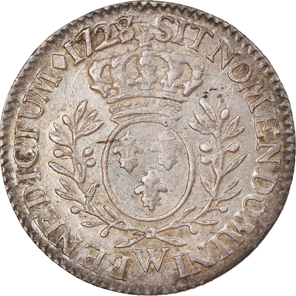 Coin, France, Louis XV, 1/5 Écu aux branches d'olivier, 24 Sols, 1/5 ECU, 1728