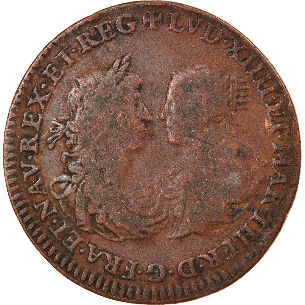 Francia, Token, Louis XIV et Marie-Thérèse, Mariage, 1664, BC+, Cobre