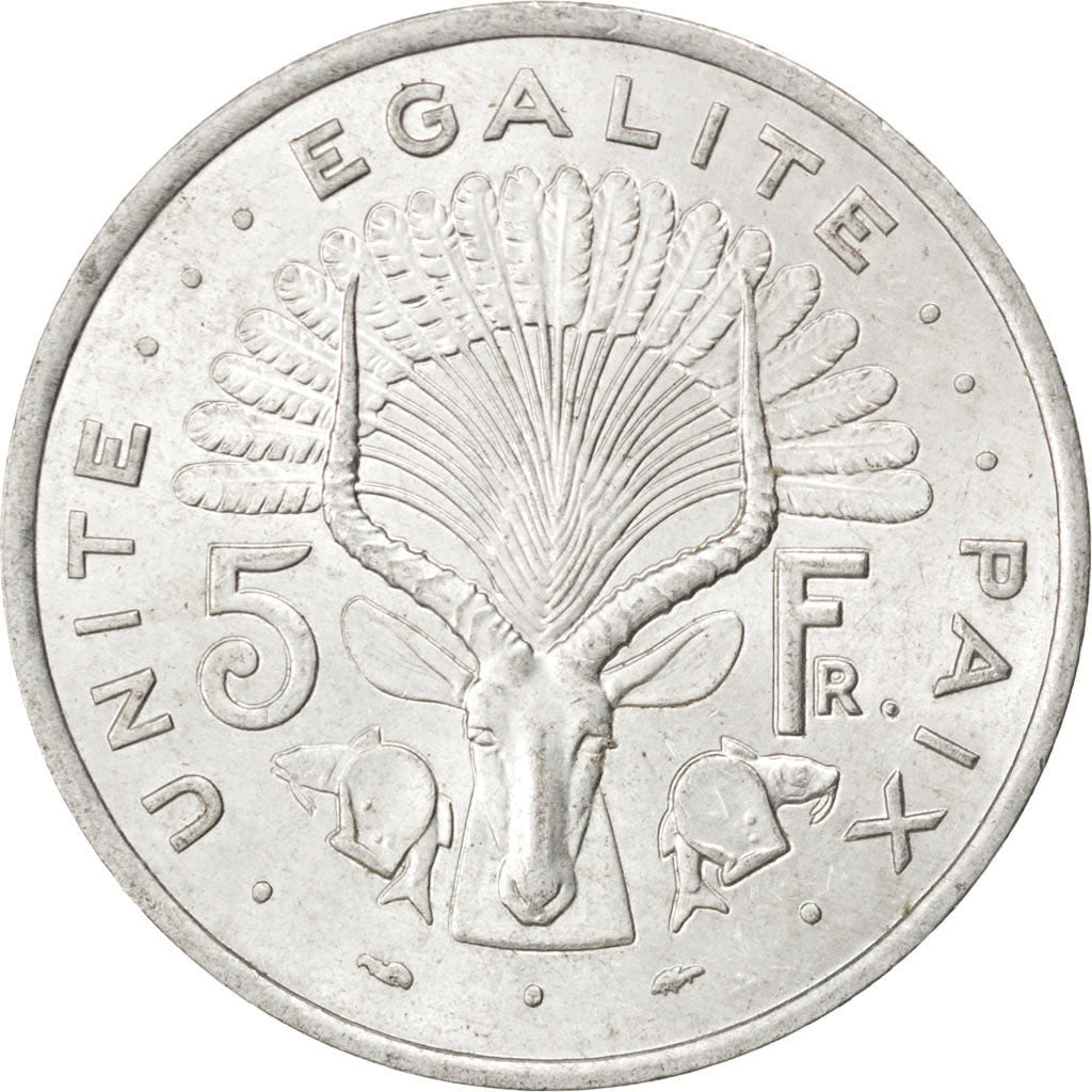 DJIBOUTI, 5 Francs, 1977, Paris, KM #22, AU(55-58), Aluminum, 31.1, 3.82