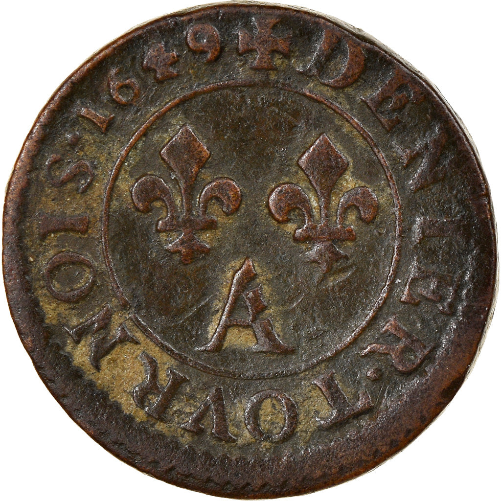 Coin, France, Louis XIV, Denier Tournois, 1649, Paris, VF(20-25), Copper
