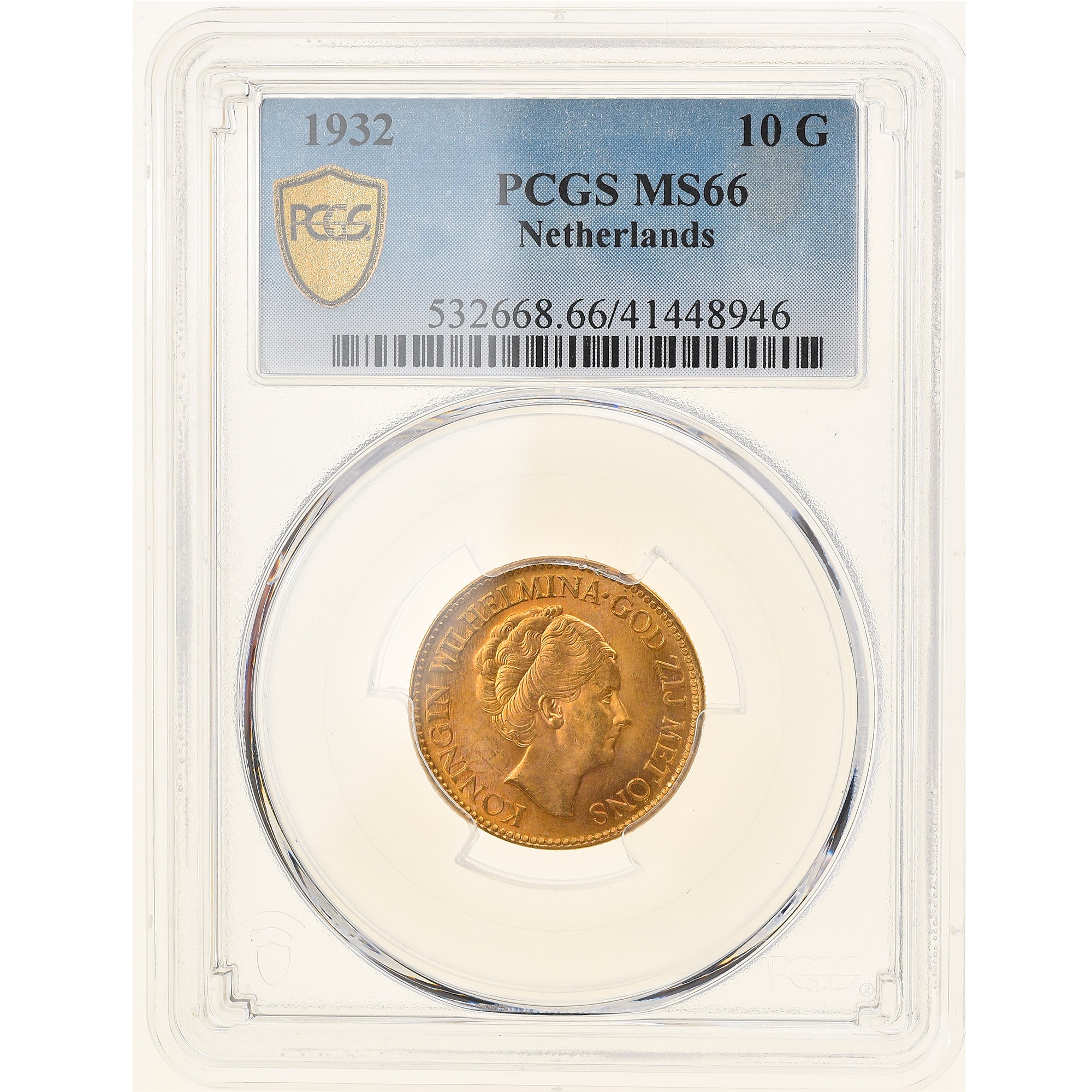 Coin, Netherlands, Wilhelmina I, 10 Gulden, 1932, Utrecht, PCGS, MS66