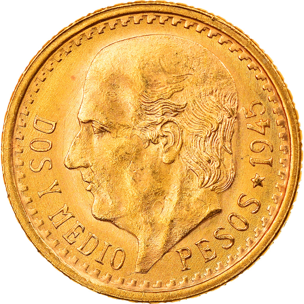 Coin, Mexico, 2-1/2 Pesos, 1945, Mexico City, AU(55-58), Gold, KM:463