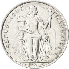 FRENCH POLYNESIA, 5 Francs, 1991, Paris, KM #12, AU(55-58), Aluminum, 31,...