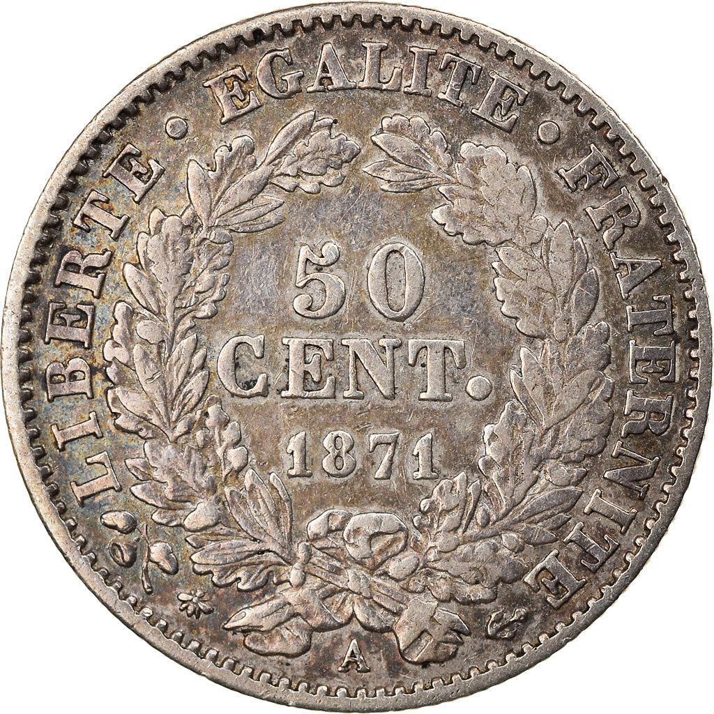 Moneda, Francia, Cérès, 50 Centimes, 1871, Paris, MBC, Plata, KM:834.1