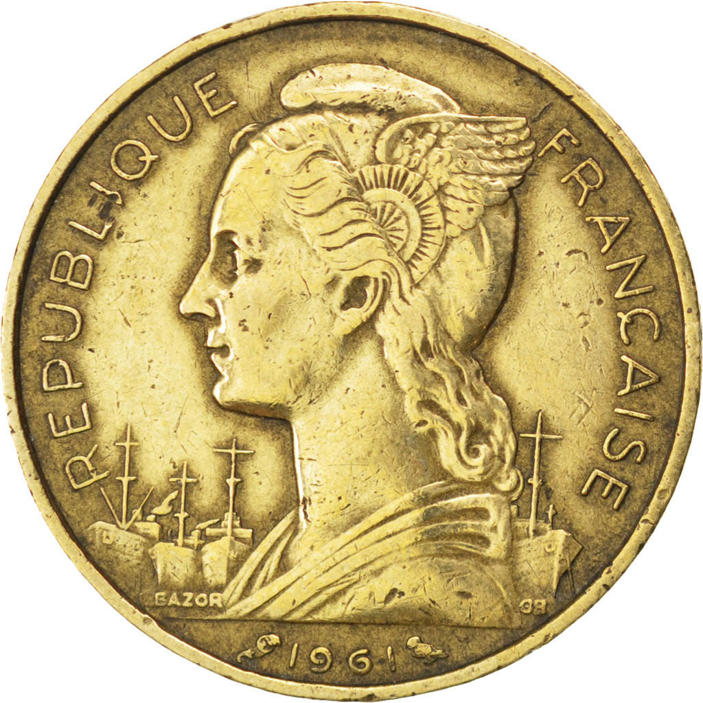 REUNION, 20 Francs, 1961, KM #11, EF(40-45), Aluminum-Bronze, Lecompte #90, 4.03