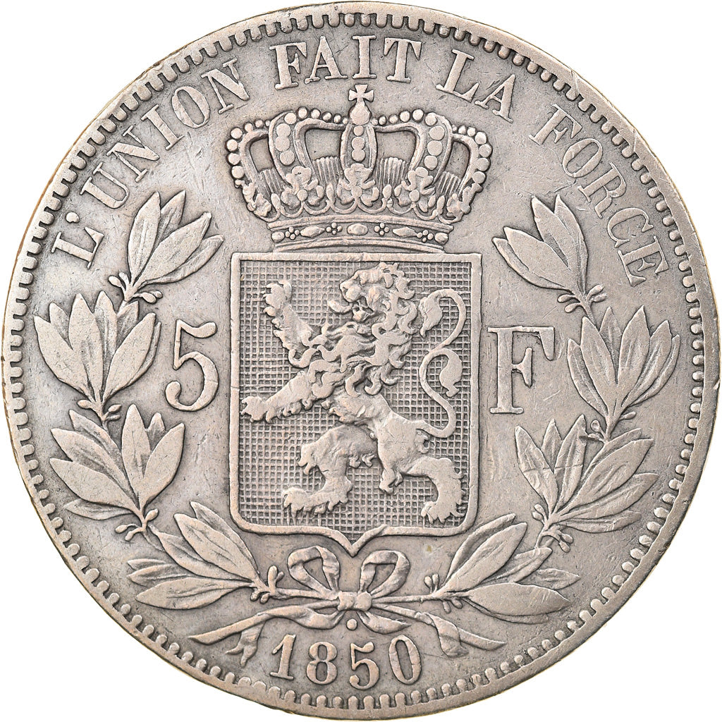Moneda, Bélgica, Leopold I, 5 Francs, 5 Frank, 1850, BC+, Plata, KM:17