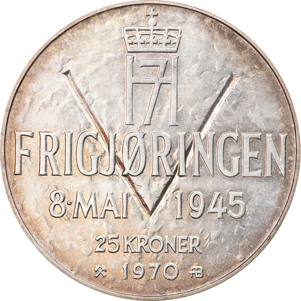 Coin, Norway, Olav V, 25 Kroner, 1970, AU(55-58), Silver, KM:414