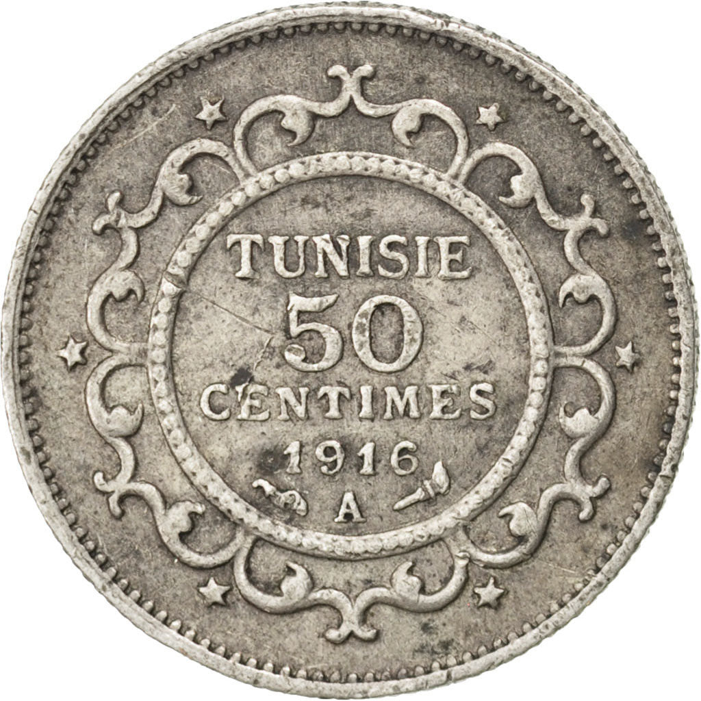 TUNISIA, 50 Centimes, 1916, Paris, KM #237, EF(40-45), Silver, Lecompte #165,...