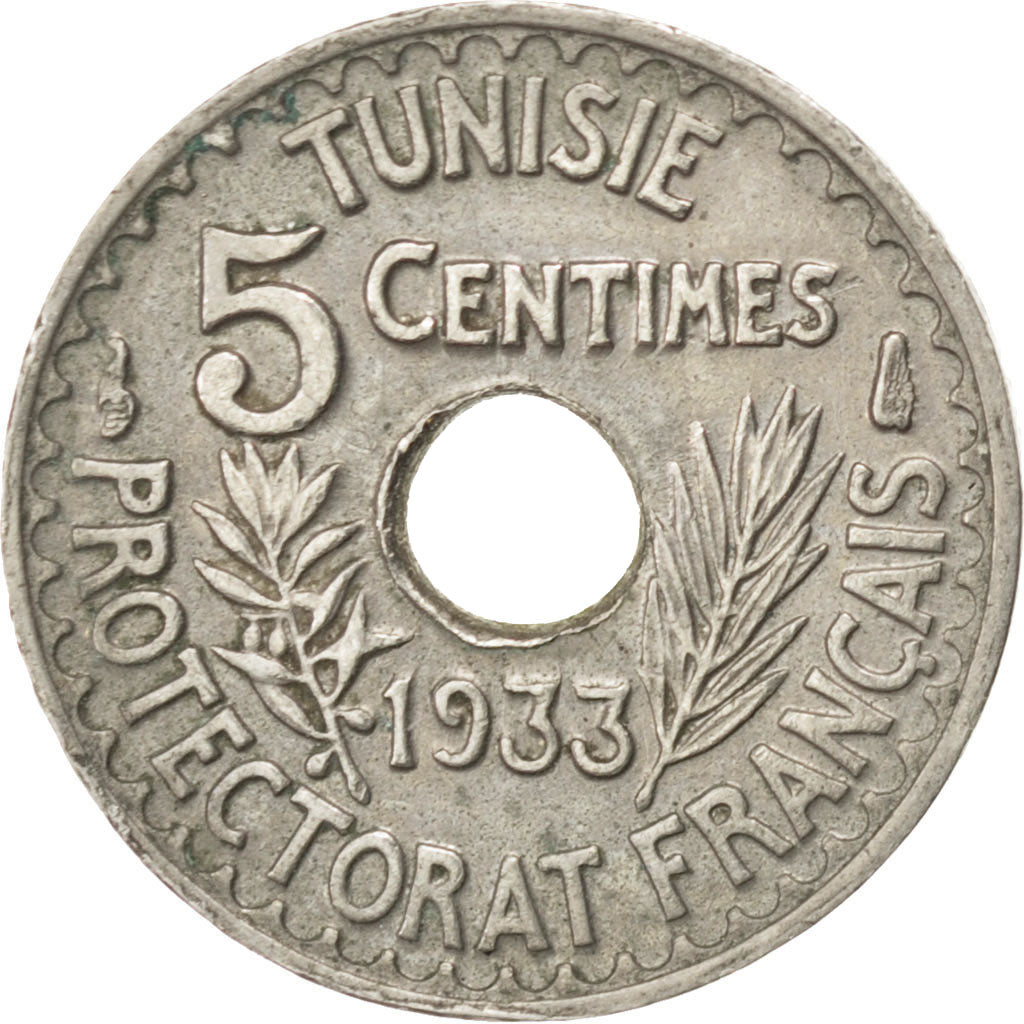 TUNISIA, 5 Centimes, 1933, Paris, KM #258, EF(40-45), Nickel-Bronze, Lecompte...