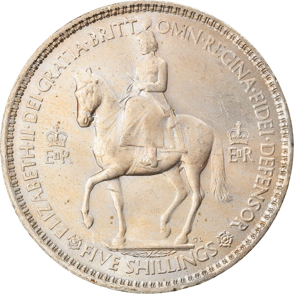 Coin, Great Britain, Elizabeth II, 5 Shillings, 1953, AU(55-58), Copper-nickel