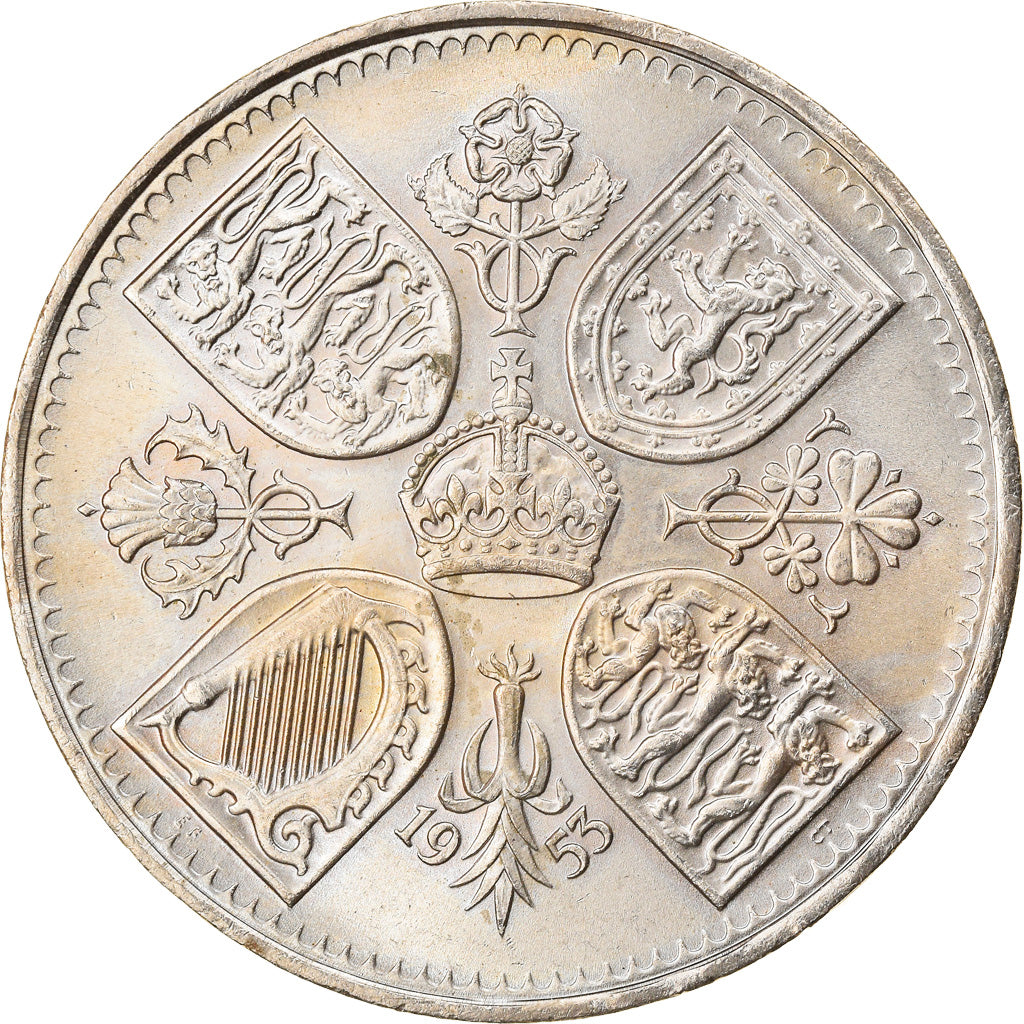 Coin, Great Britain, Elizabeth II, 5 Shillings, 1953, AU(55-58), Copper-nickel