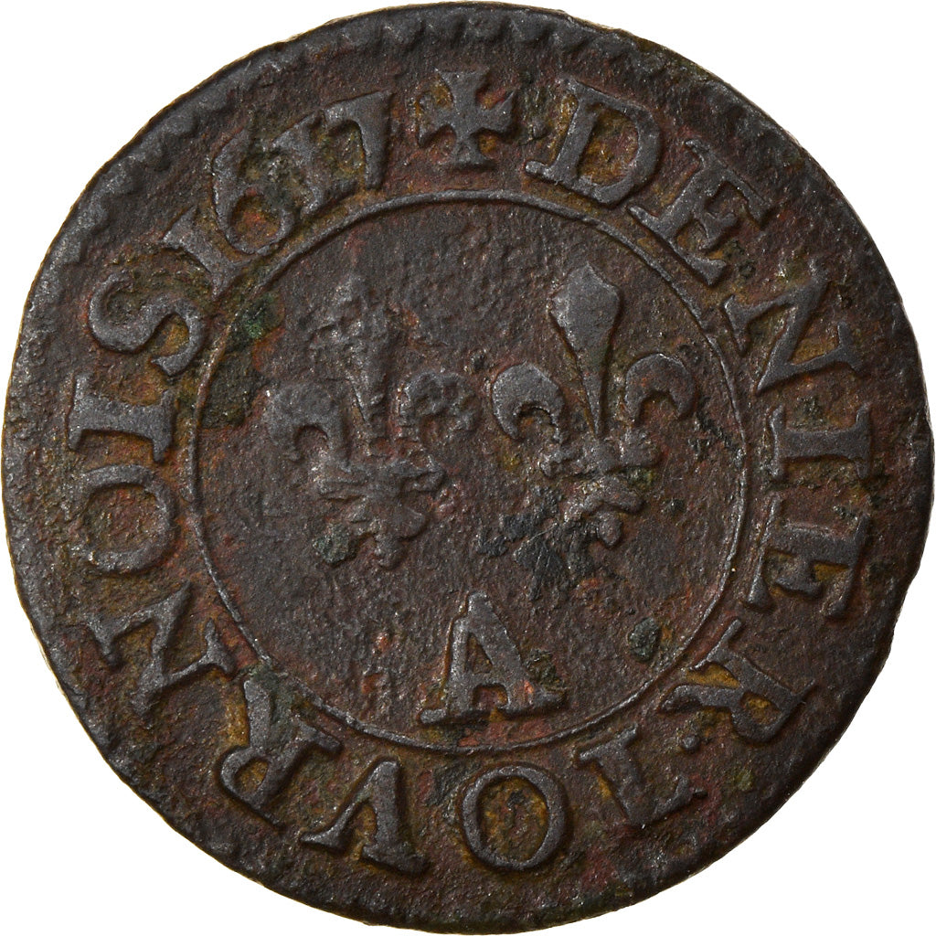 Moeda, França, Louis XIII, Denier Tournois, 1617, Paris, EF(40-45), Cobre