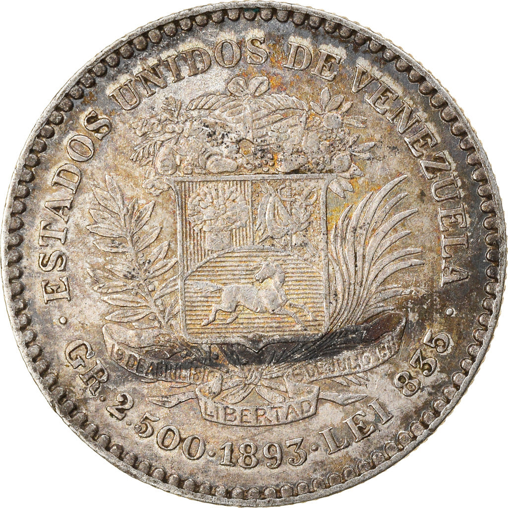 Monnaie, Venezuela, Gr 2.500, 1/2 Bolivar, 1893, Paris, TTB, Argent, KM:21