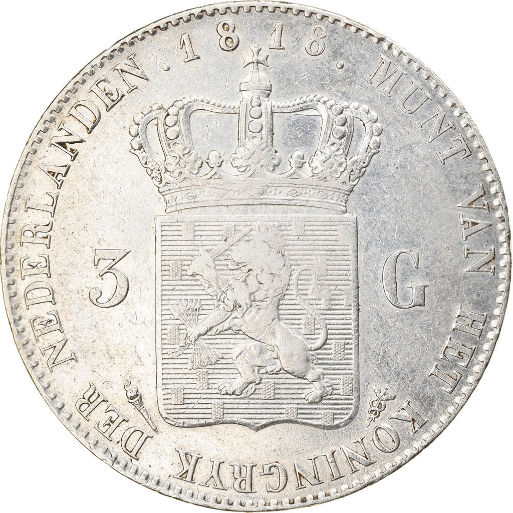 Moneta, Paesi Bassi, William I, 3 Gulden, 1818, Utrecht, Rare, MB+, Argento