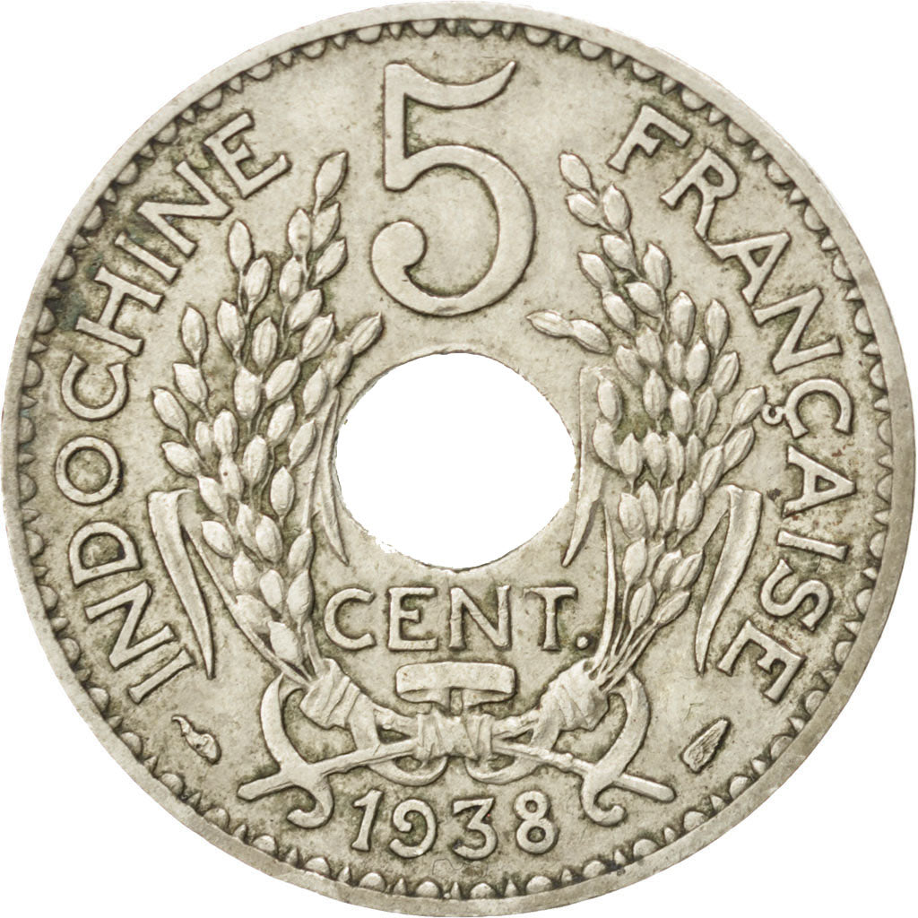 FRENCH INDO-CHINA, 5 Cents, 1938, Paris, KM #18.1a, EF(40-45), Nickel-Brass,...