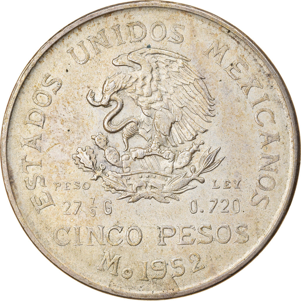 Coin, Mexico, 5 Pesos, 1952, Mexico City, VF(30-35), Silver, KM:467