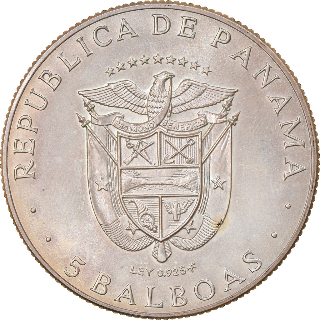 Moneda, Panamá, 5 Balboas, 1970, U.S. Mint, EBC+, Plata, KM:28