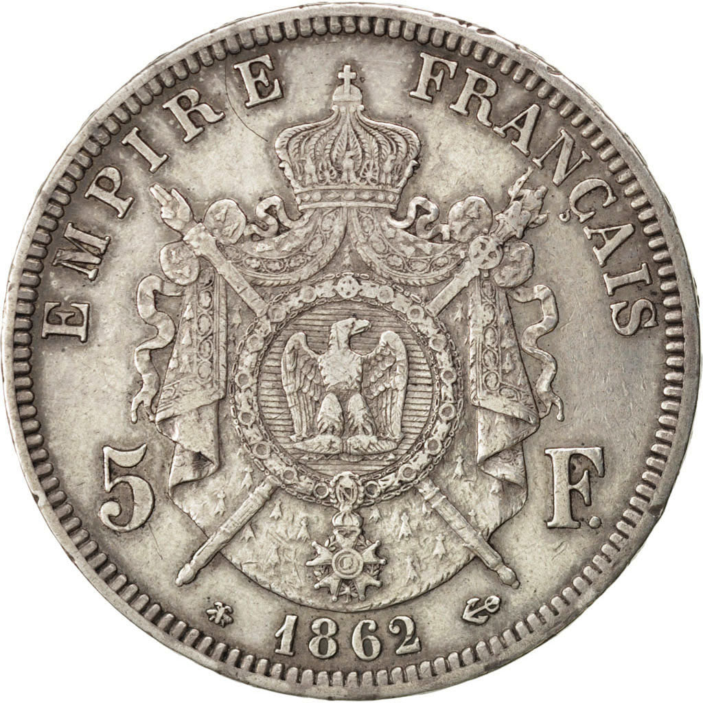 Moneda, Francia, Napoleon III, Napoléon III, 5 Francs, 1862, Paris, MBC, Plata