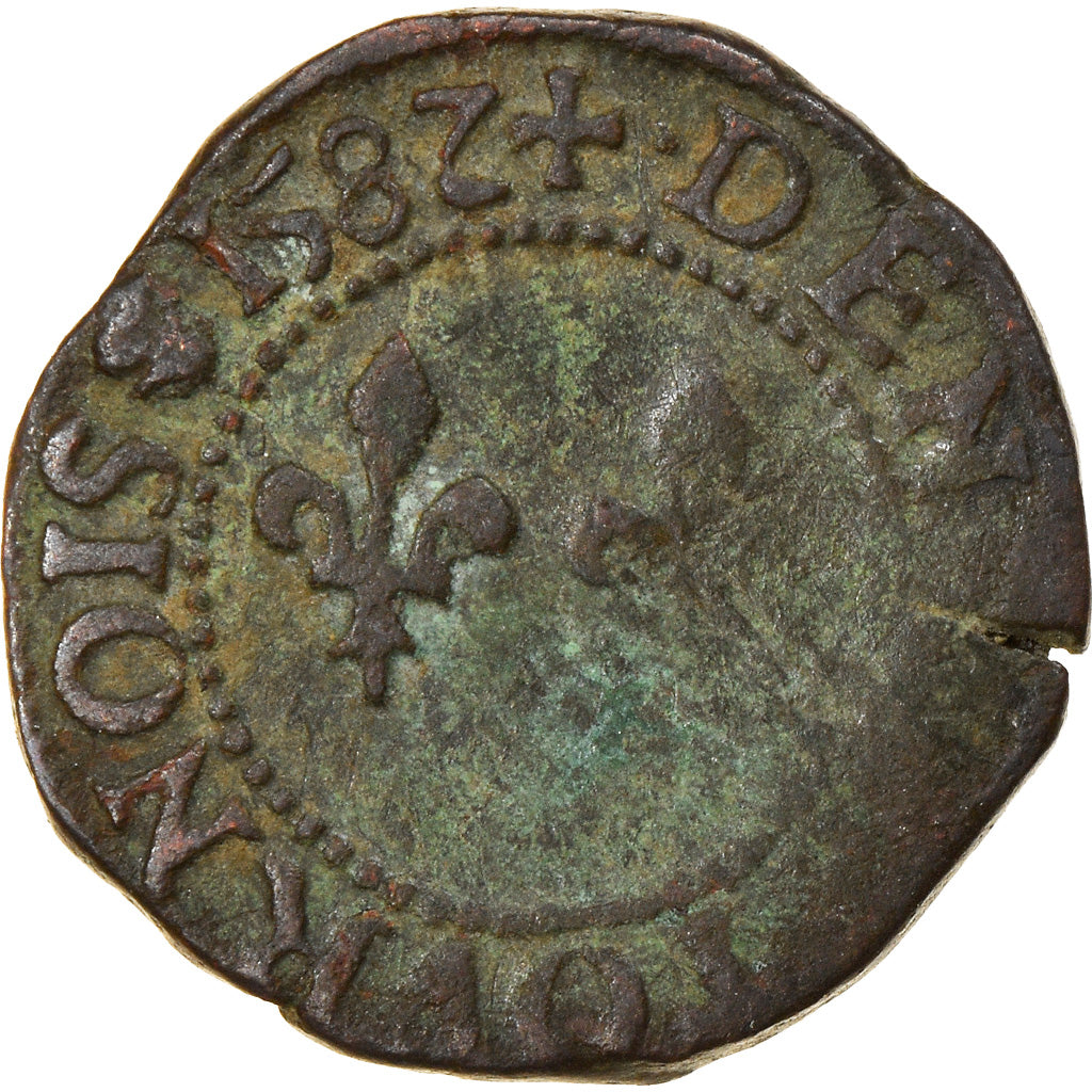 Moneta, Francia, Henri III, Denier Tournois, 1582, Rouen, MB+, Rame