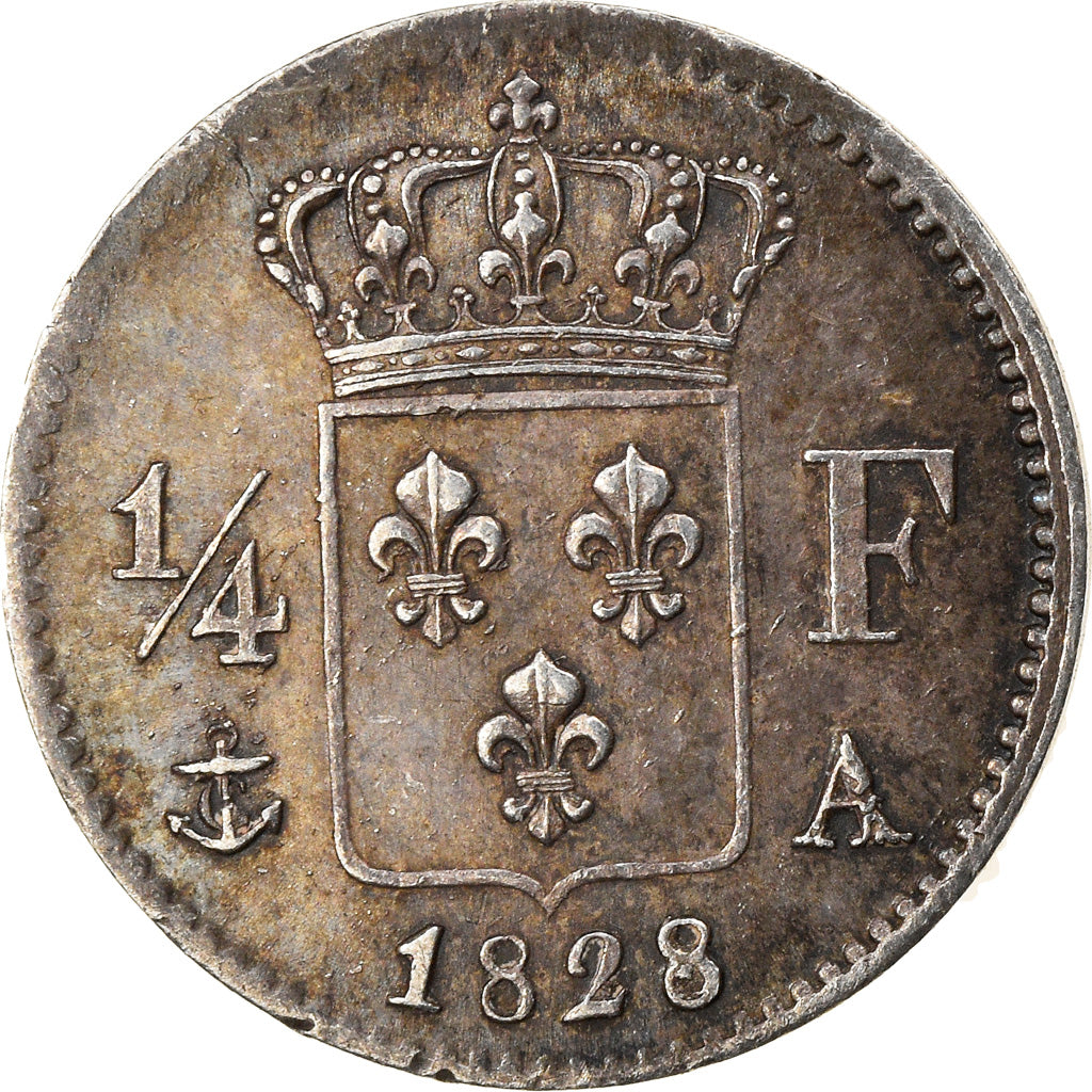 Moeda, França, Charles X, 1/4 Franc, 1828, Paris, AU(50-53), Prata, KM:722.1