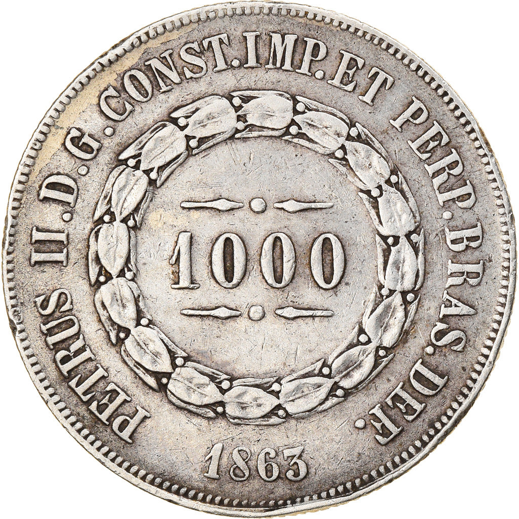Coin, Brazil, Pedro II, 1000 Reis, 1863, EF(40-45), Silver, KM:465