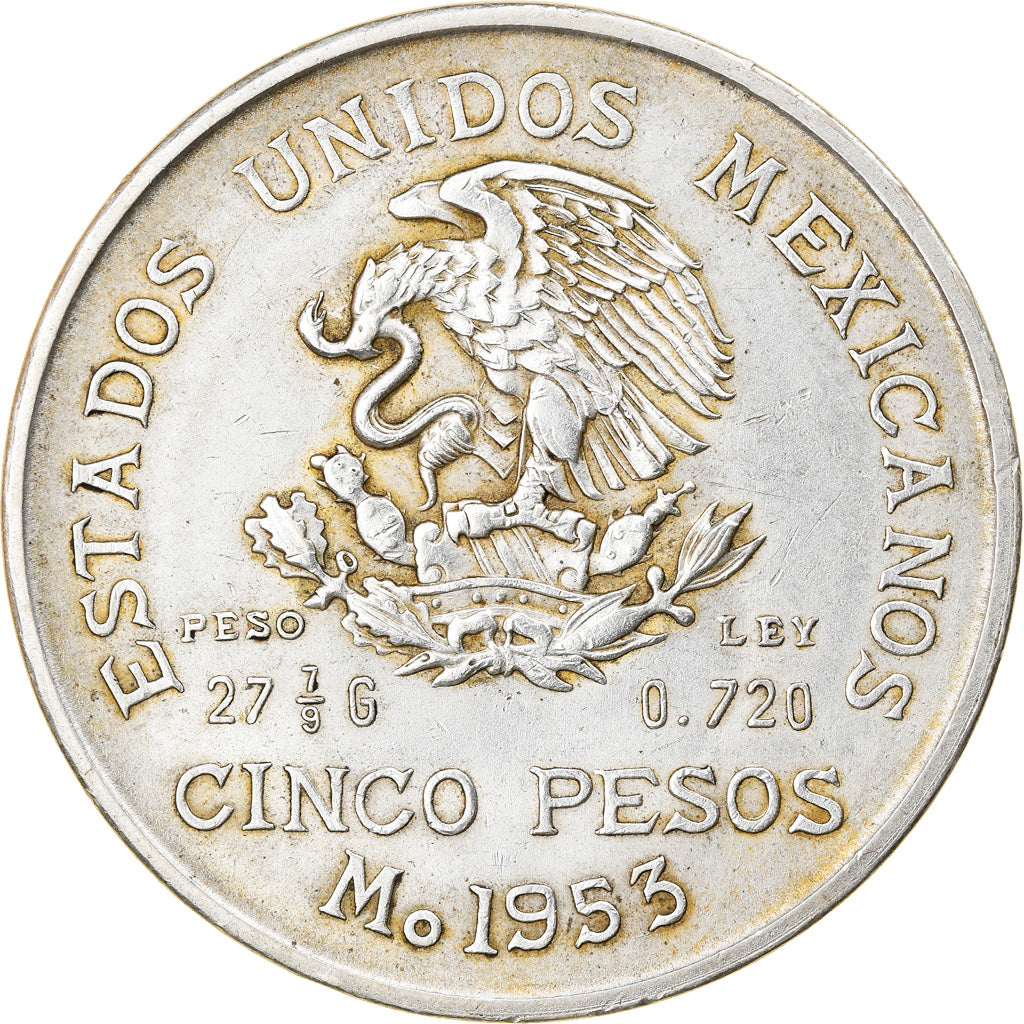 Coin, Mexico, 5 Pesos, 1953, Mexico City, EF(40-45), Silver, KM:468