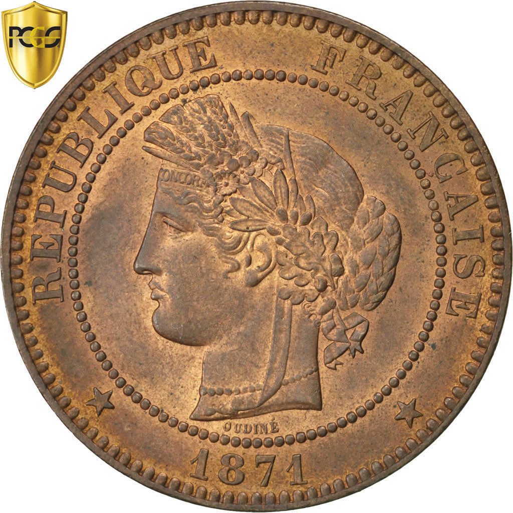 Coin, France, Cérès, 10 Centimes, 1871, Paris, PCGS, MS63RB, MS(63), Bronze