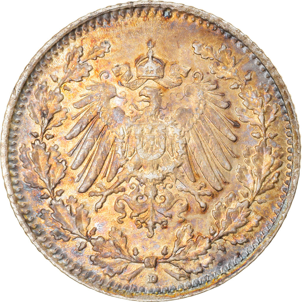 Coin, GERMANY - EMPIRE, 1/2 Mark, 1916, Munich, MS(63), Silver, KM:17