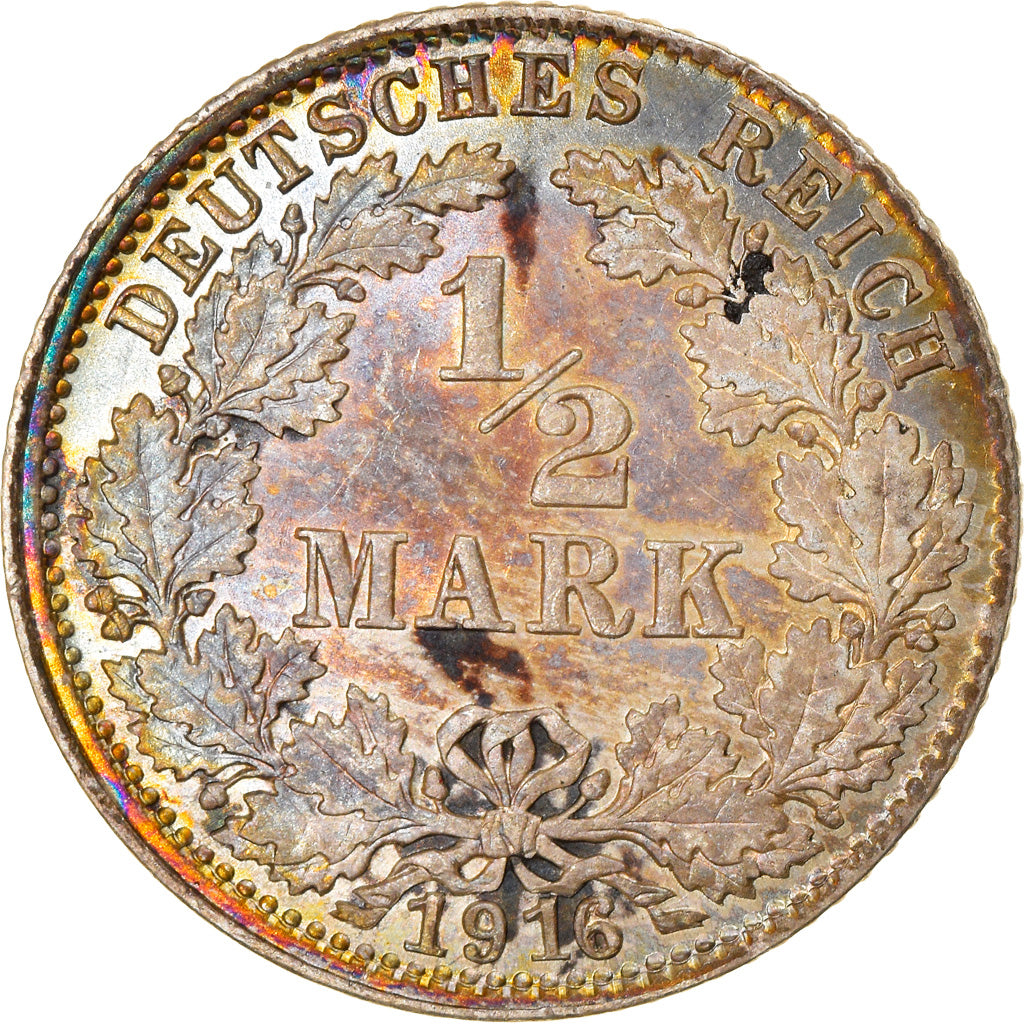 Coin, GERMANY - EMPIRE, 1/2 Mark, 1916, Munich, MS(63), Silver, KM:17