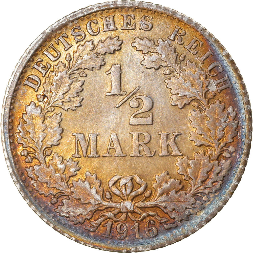 Coin, GERMANY - EMPIRE, 1/2 Mark, 1916, Stuttgart, AU(55-58), Silver, KM:17