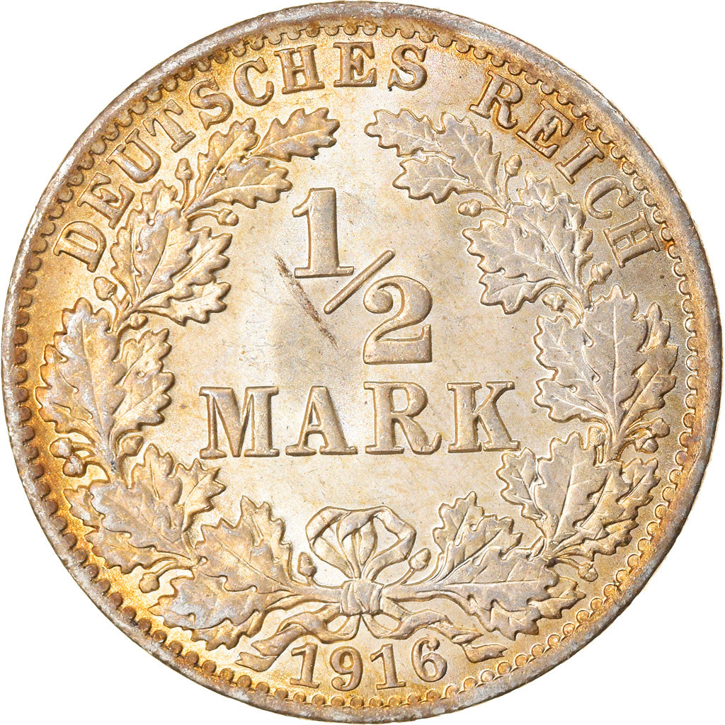 Coin, GERMANY - EMPIRE, 1/2 Mark, 1916, Berlin, MS(60-62), Silver, KM:17