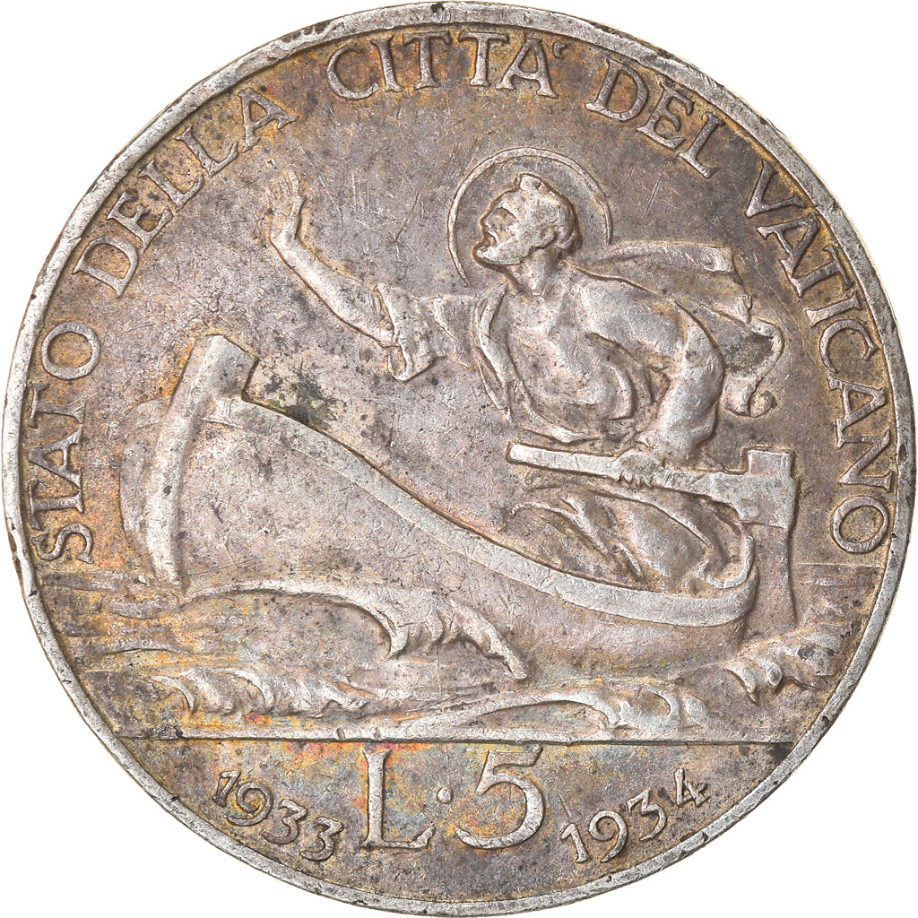Coin, VATICAN CITY, Pius XI, 5 Lire, 1933-1934, Roma, VF(30-35), Silver, KM:17
